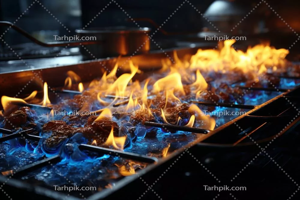 عکس شعله های آتشین آبی و زرد در حال پخت و پز بر روی اجاق گاز