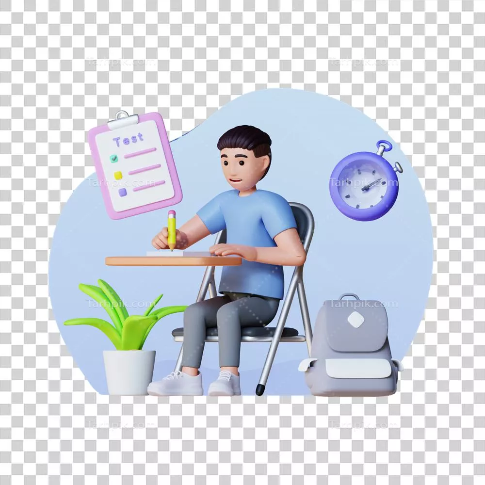 عکس دوربری تصویری از یک جوان در حال مطالعه برای آزمون دانشگاه با شخصیت سه بعدی
