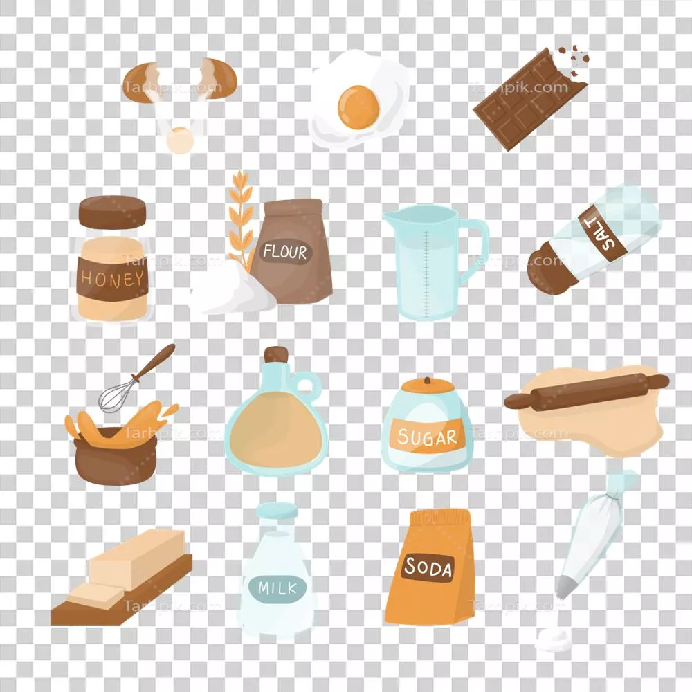 عکس دوربری مجموعه ای از مواد اولیه برای پخت و پز با توضیحات کامل