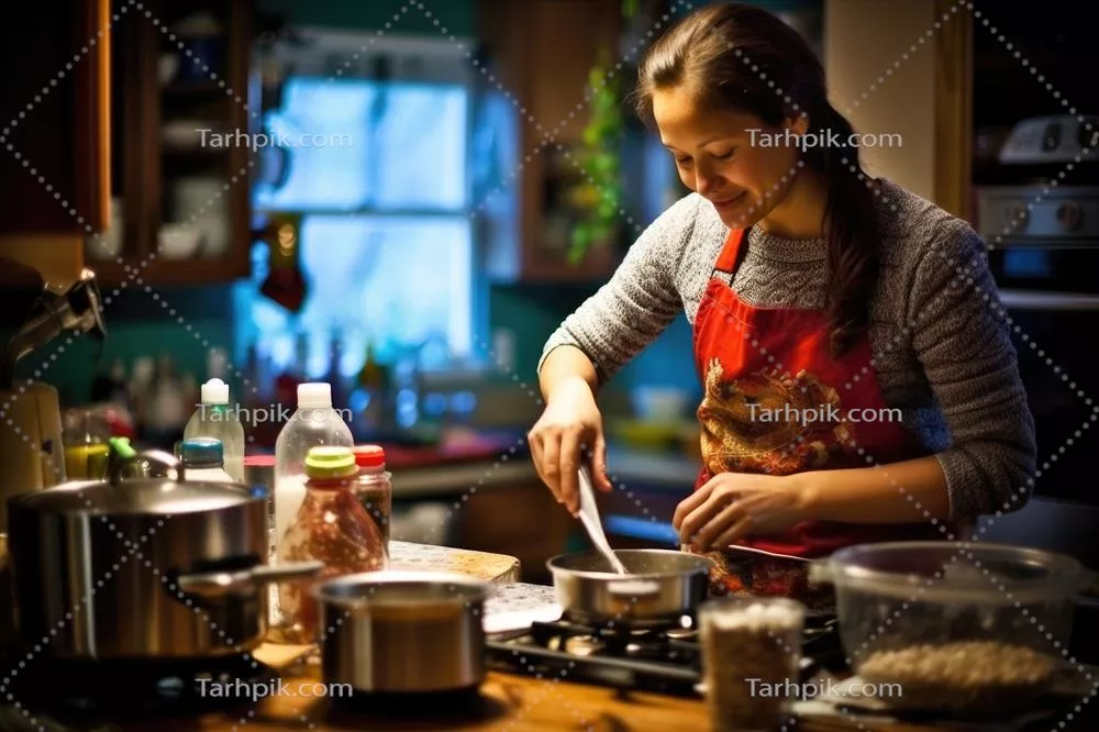 عکس زنی جوان در حال آماده سازی یک وعده غذایی خوشمزه در آشپزخانه منزل