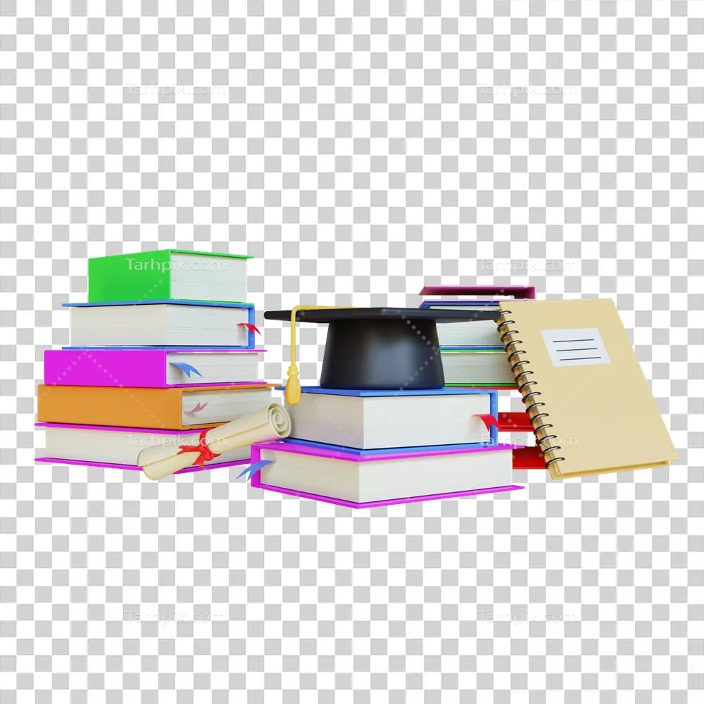 عکس دوربری مدل سه بعدی فارغ التحصیلی با کتاب و کلاه، نماد علم و دانش