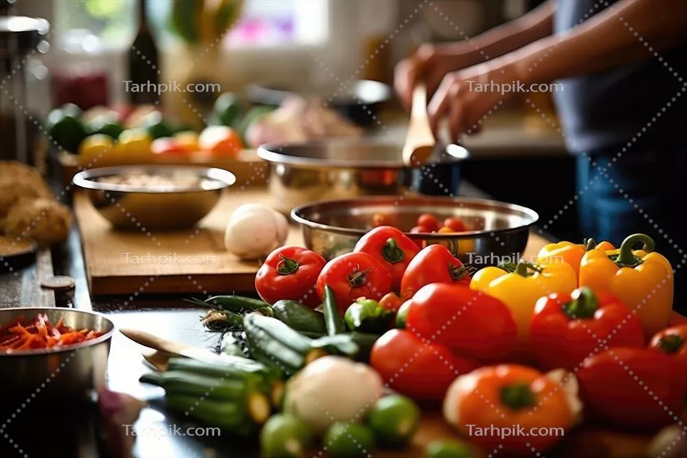 عکس تصویری از یک جشنواره غذایی در آشپزخانه با طعم های حرفه ای