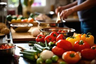 عکس تصویری از یک جشنواره غذایی در آشپزخانه با طعم های حرفه ای