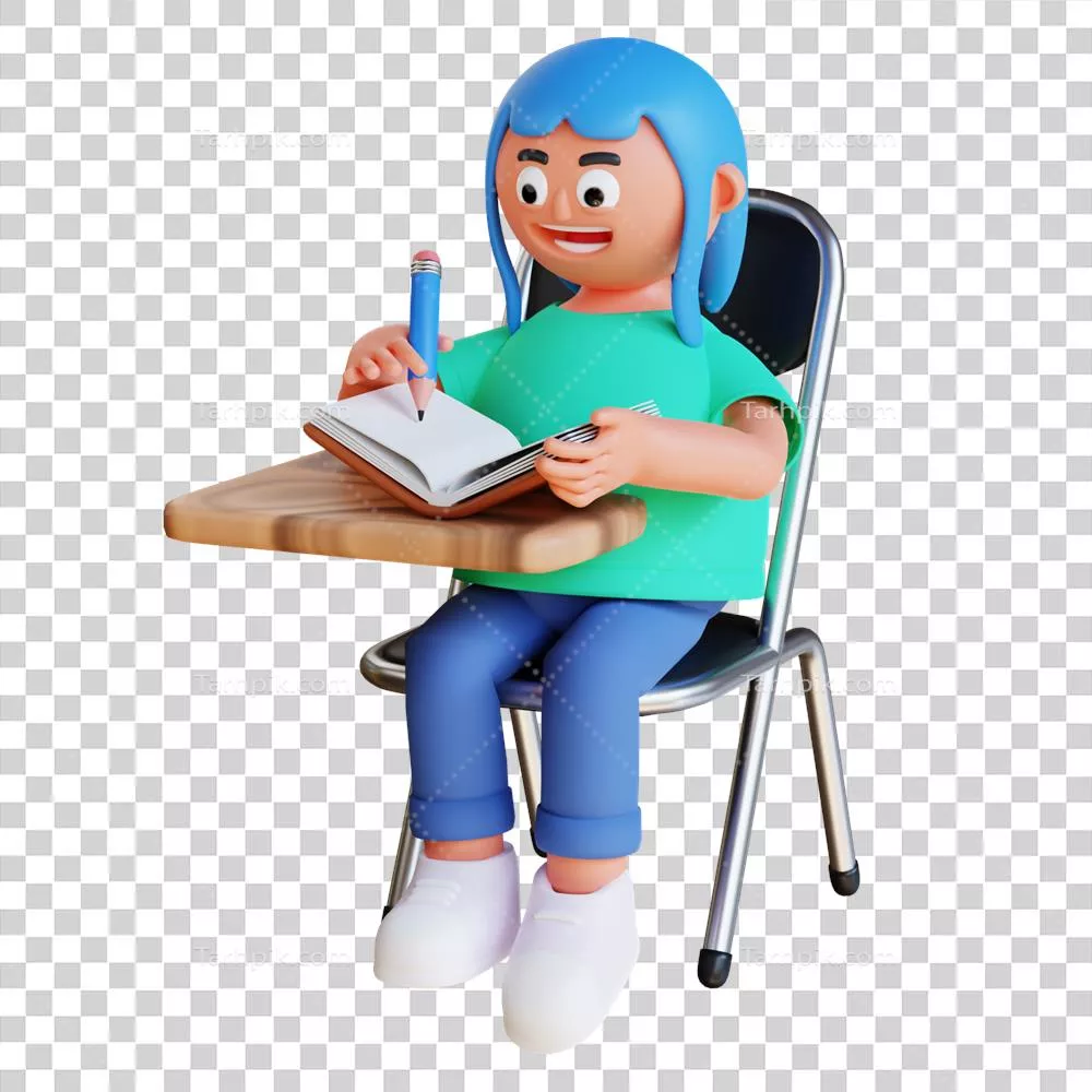 عکس دوربری دختری زیبا و دوست داشتنی در حال نوشتن بر روی کتاب در یک صندلی
