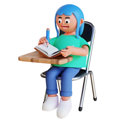 عکس دوربری دختری زیبا و دوست داشتنی در حال نوشتن بر روی کتاب در یک صندلی