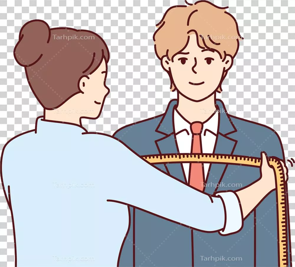 عکس دوربری زن خیاط اندازه گیری شانه های مرد برای دوخت کت و شلوار رسمی