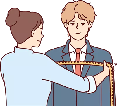 عکس دوربری زن خیاط اندازه گیری شانه های مرد برای دوخت کت و شلوار رسمی