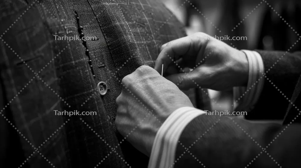 عکس خیاط پارچه کت مردانه را به شانه های مشتری می چسباند تا تناسبی ایده آل ایجاد کند