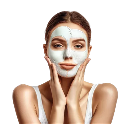 عکس دوربری زنی با ماسک سفید بر روی صورتش در پس زمینه ای شفاف و هنری