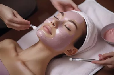 عکس کارمند در حال استفاده از ماسک صورت بر روی چهره جوان در یک مرکز زیبایی