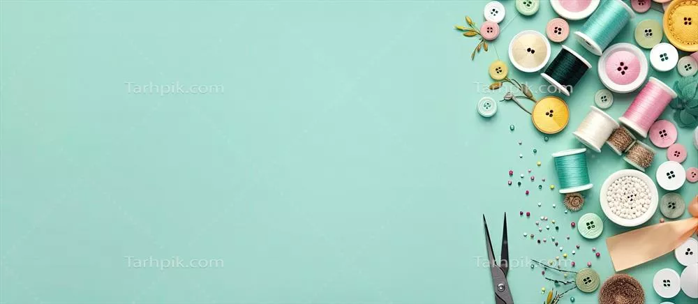 عکس مجموعه ای از لوازم خیاطی بر روی زمینه ای آبی با فناوری هوش مصنوعی