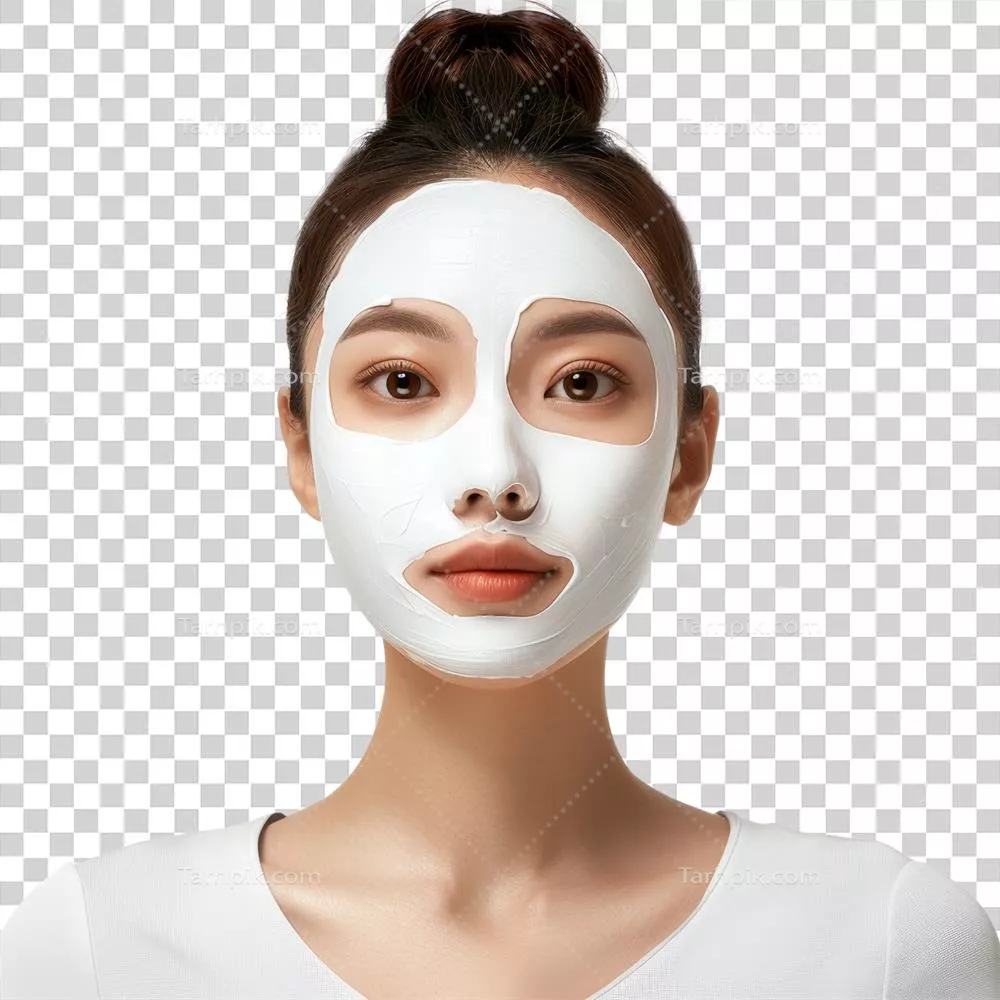 عکس دوربری زنی جوان با ماسک زیبایی صورت در پس زمینه شفاف و بدون حاشیه