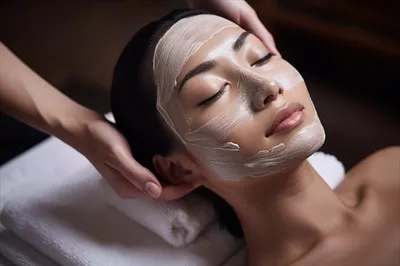 عکس کارمند در حال استفاده از ماسک صورت بر روی چهره جوان در یک مرکز زیبایی