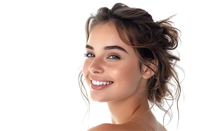 عکس دوربری پرتره ای از یک خانم خوشحال و زیبا با لبخند دلنشین در پس زمینه شفاف