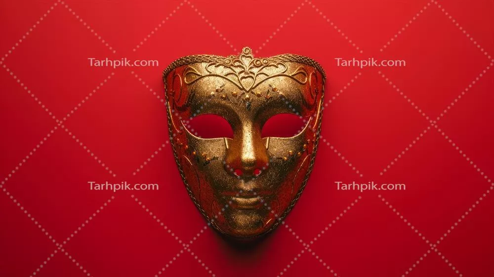 عکس ماسک طلایی کارناوال در نمای بالا بر روی پس زمینه قرمز