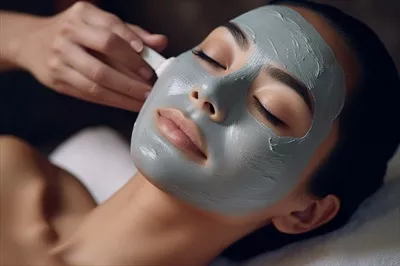 عکس کارمند در حال استفاده از ماسک صورت بر روی چهره جوان در یک مرکز زیبایی