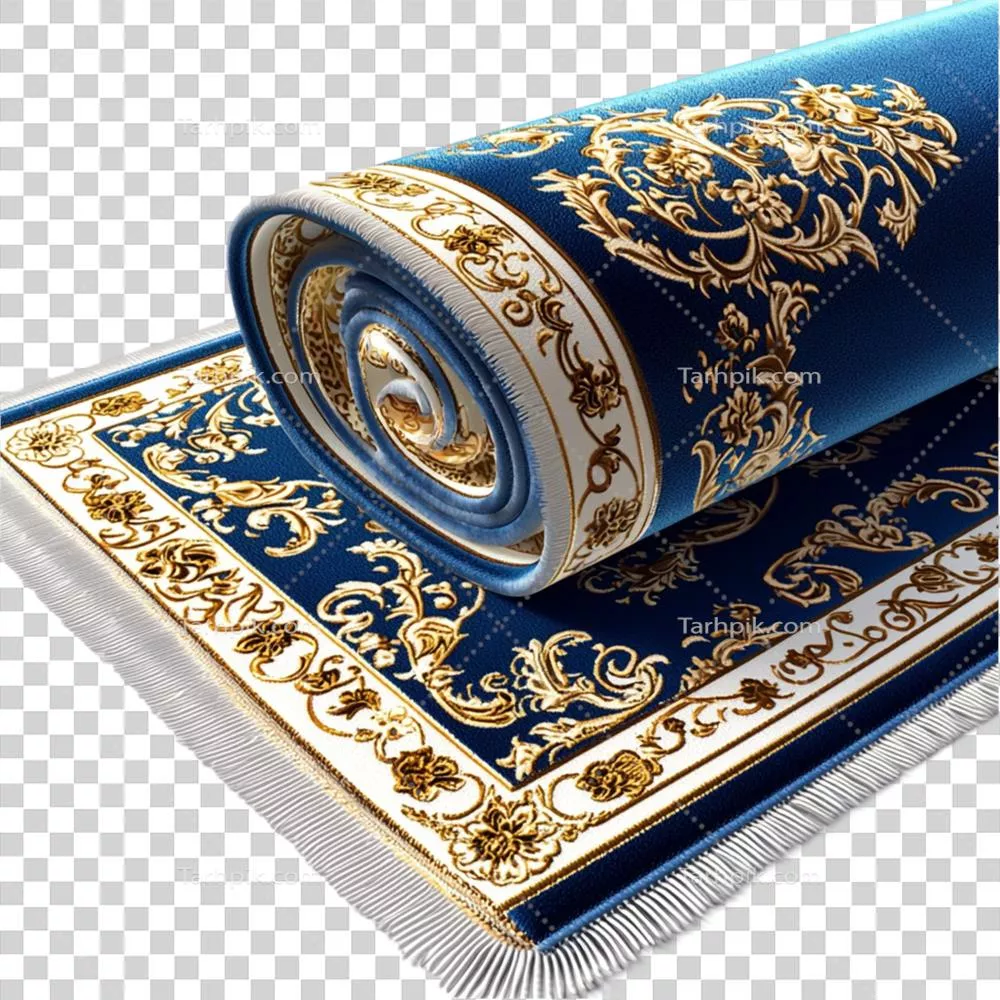 عکس دوربری فرش نماز آبی با الگوی طلایی، نماد زیبایی و روحانیت در عبادت