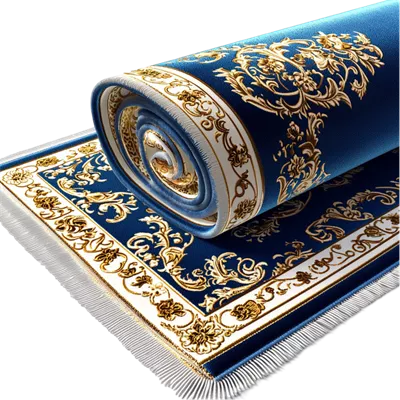 عکس دوربری فرش نماز آبی با الگوی طلایی، نماد زیبایی و روحانیت در عبادت