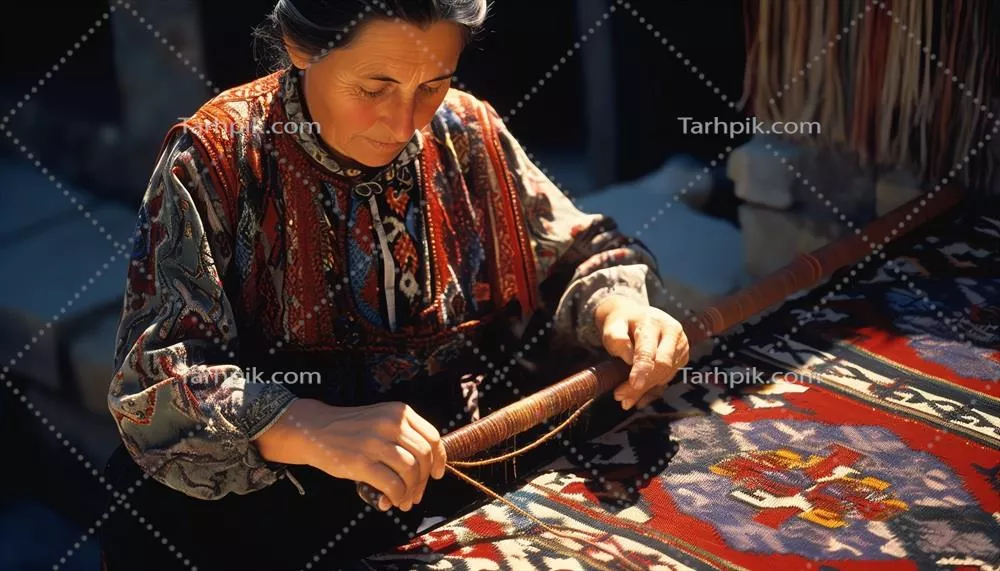 عکس زنی در لباس سنتی در حال بافت فرش ایرانی با دقت و هنر