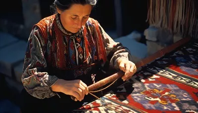 عکس زنی در لباس سنتی در حال بافت فرش ایرانی با دقت و هنر