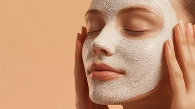 عکس زنی با چشمان بسته در حال استفاده از ماسک صورت برای مراقبت از پوست