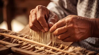 عکس دست های سالمندان در حال بافت پارچه ابریشمی سفید بر روی دار سنتی