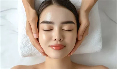 عکس زنی جوان و زیبا در حال دریافت ماساژ صورت در سالن زیبایی