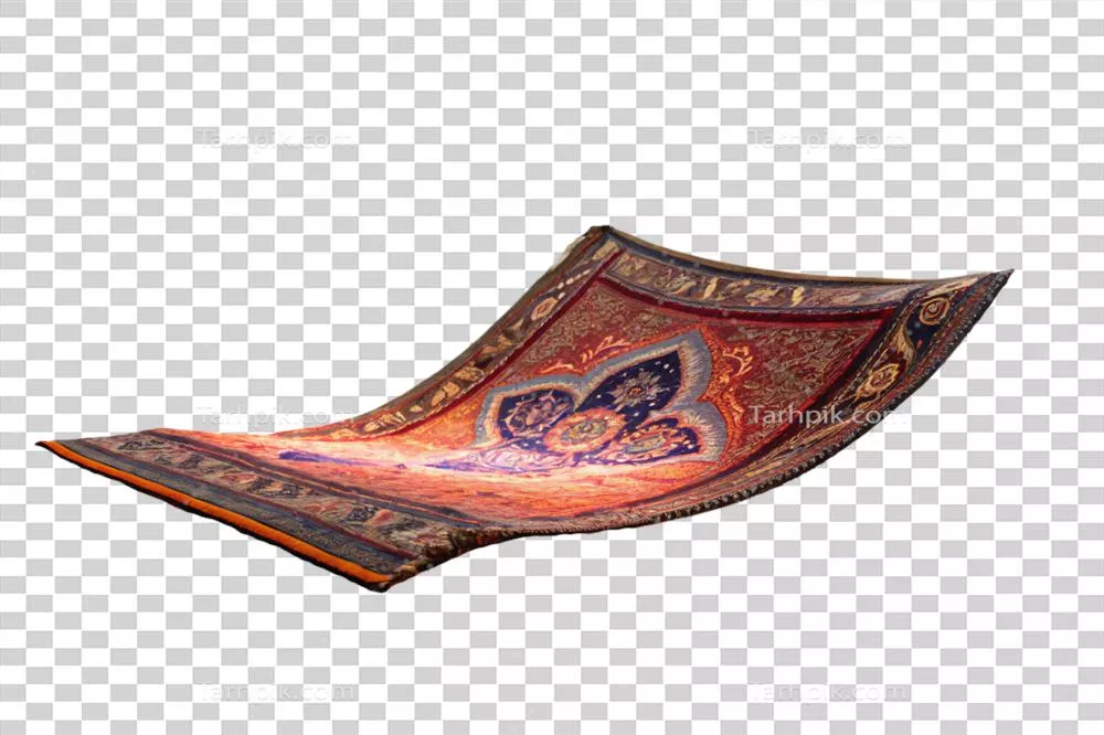 عکس دوربری فرش پرنده جادویی با طراحی درخشان و الگوهای زیبا به رنگ آبی و طلایی