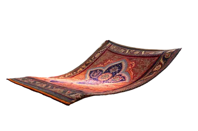 عکس دوربری فرش پرنده جادویی با طراحی درخشان و الگوهای زیبا به رنگ آبی و طلایی
