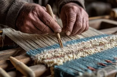 عکس مردی در حال بافتن پارچه ای زیبا با رنگ های آبی و سفید