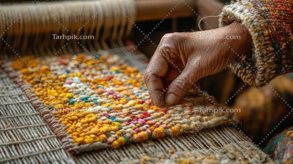 عکس زنی سالخورده در حال بافتن پارچه ای رنگارنگ با دقت و مهارت در فضایی دلنشین