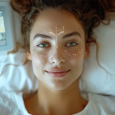 عکس تصویری نزدیک و دقیق از چهره یک زن با خطوط هنری بر روی صورت