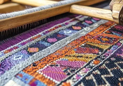 عکس بافت های رنگارنگ و سنتی بر روی دار قالی بافته شده