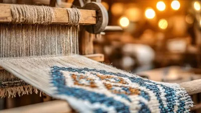 عکس نمای نزدیک از دار قالی چوبی سنتی در حال بافت فرش با جزئیات هنری