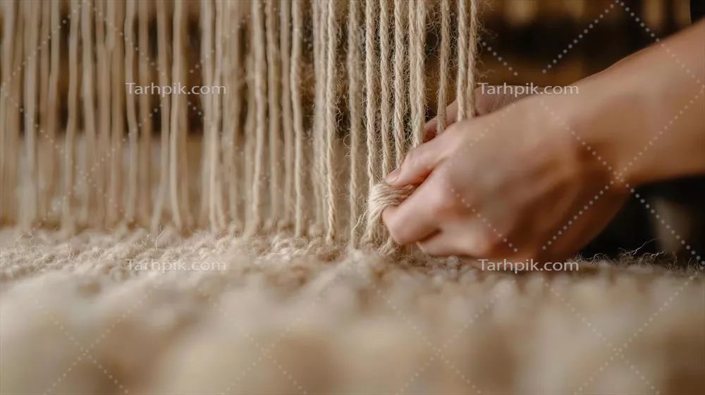 عکس فرایند بافت دستی نخ کرم رنگ بر روی دار بافت: هنر و صنعت نساجی