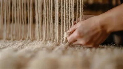 عکس فرایند بافت دستی نخ کرم رنگ بر روی دار بافت: هنر و صنعت نساجی