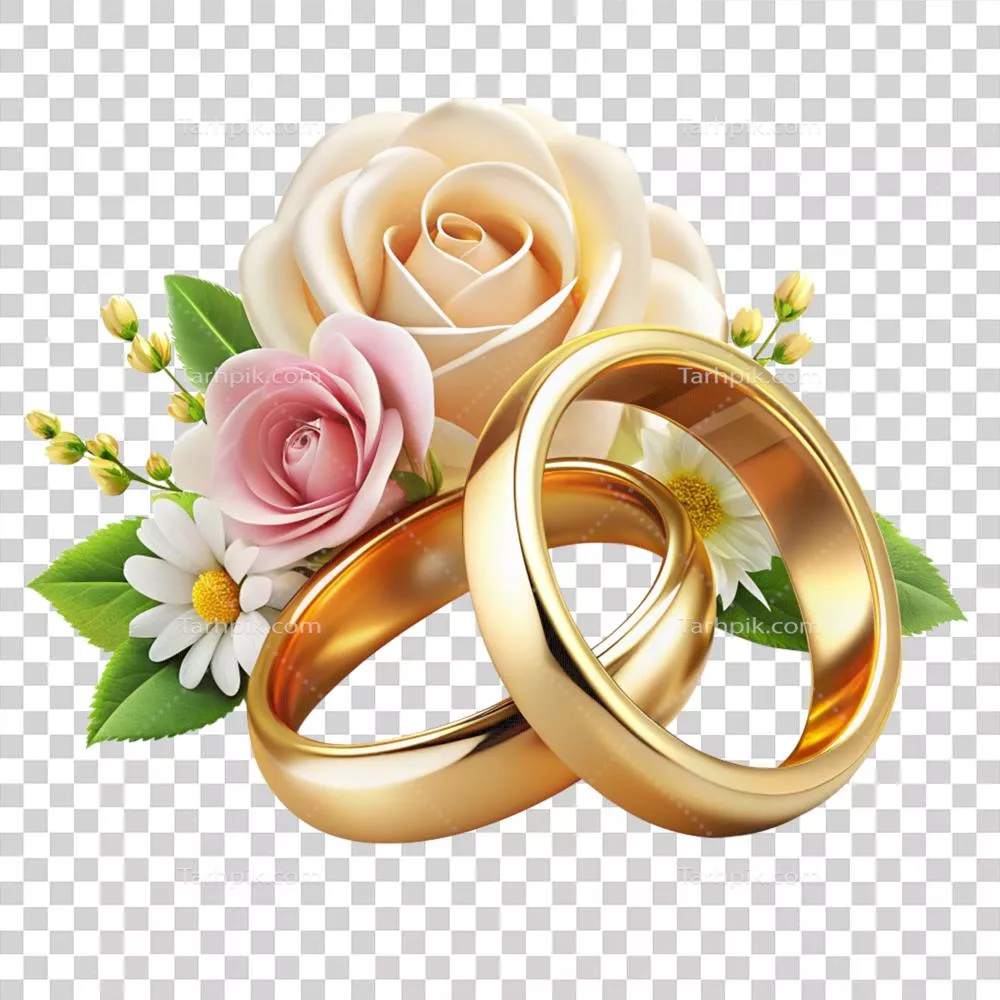 عکس دوربری حلقه های عروسی واقعی با عناصر گل دار و طراحی زیبا