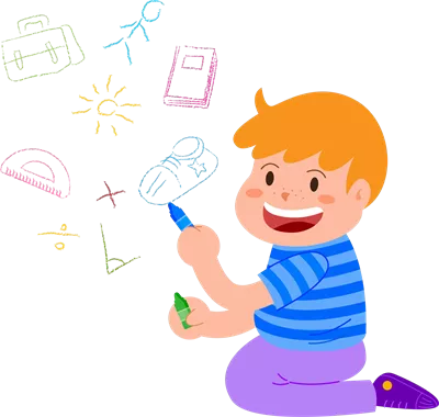 عکس دوربری شخصیت کارتونی کودک در حال خواندن و نقاشی با رنگ های شاد