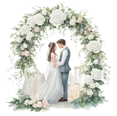 عکس دوربری زوج عروسی در زیر قوس رمانتیک با گل های زیبا و دلنشین