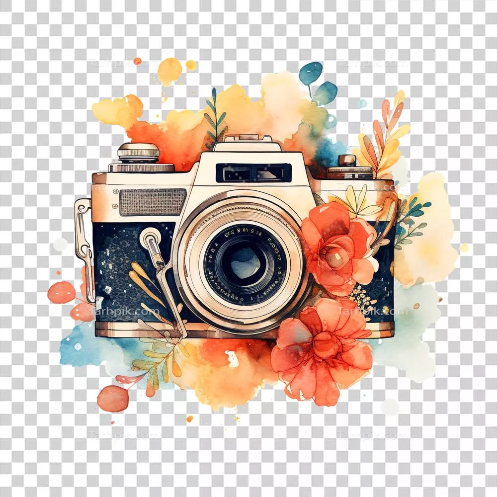 عکس دوربری تصویری زیبا از دوربین عکاسی و گل های رنگی به سبک آبرنگ