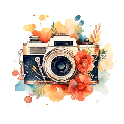 عکس دوربری تصویری زیبا از دوربین عکاسی و گل های رنگی به سبک آبرنگ