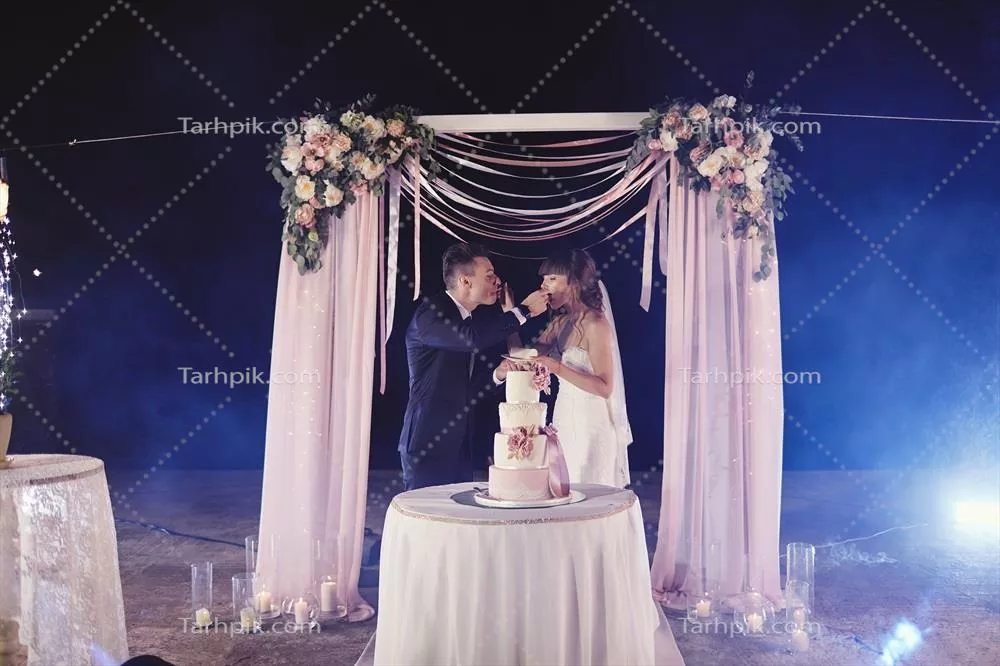 عکس عروس زیبا و داماد شیک در حال چشیدن کیک عروسی خود با لحظات شاد و احساسی