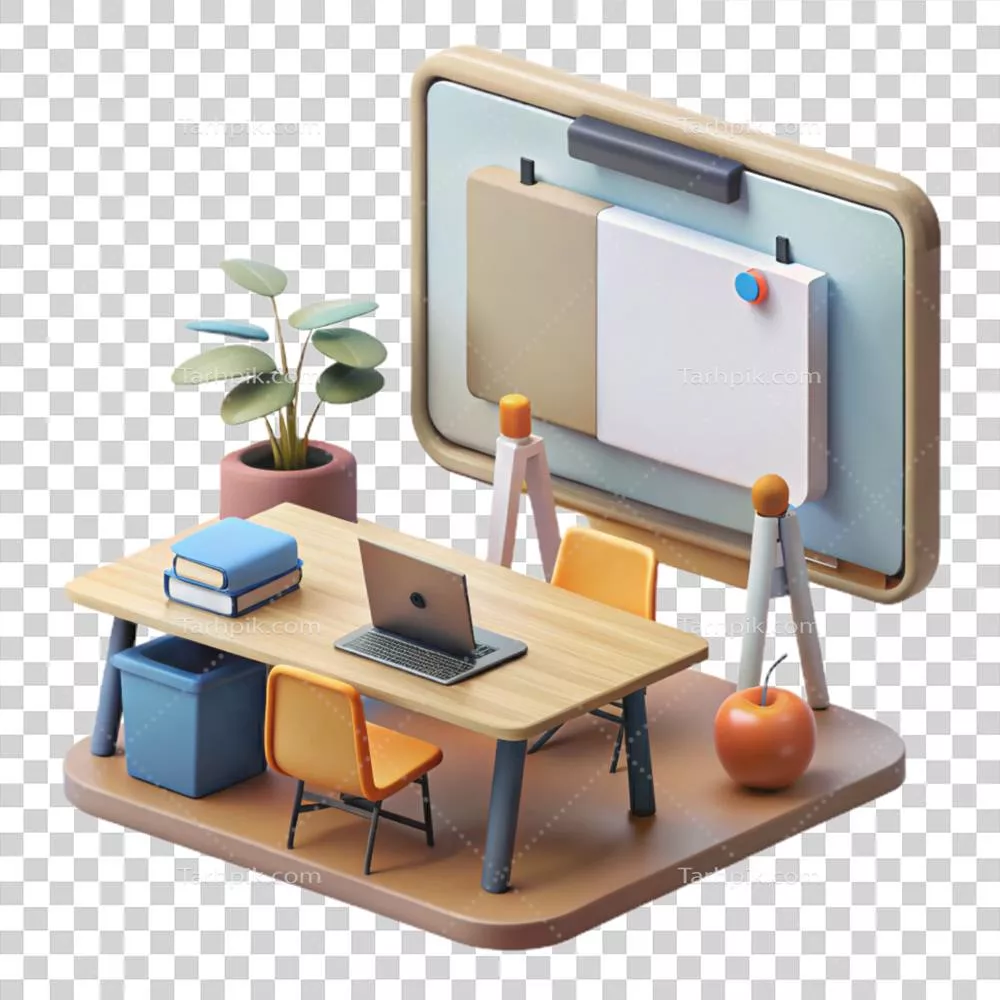 عکس دوربری کلاس درس مدرن و هنری با تخته سفید تعاملی و پس زمینه شفاف