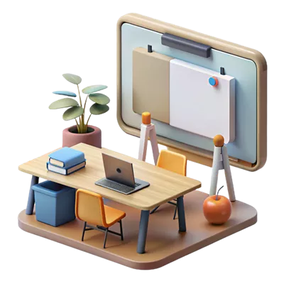 عکس دوربری کلاس درس مدرن و هنری با تخته سفید تعاملی و پس زمینه شفاف