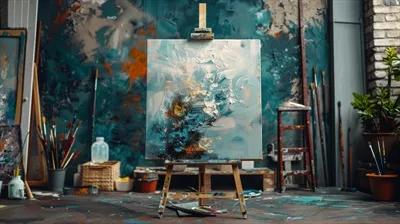 عکس استودیوی هنرمند با نقاشی بزرگ و الهام بخش بر روی دیوار