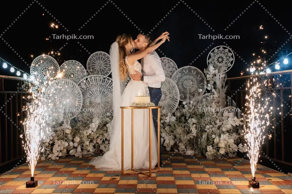 عکس عروس و داماد خوشبخت در حال بریدن و چشیدن کیک عروسی خود