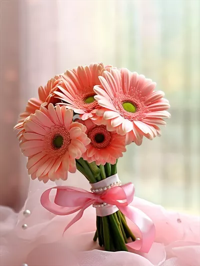عکس گلی زیبا و رنگارنگ از نوع ژربرا برای تزئین دسته گل عروسی در پس زمینه ای نرم و محو
