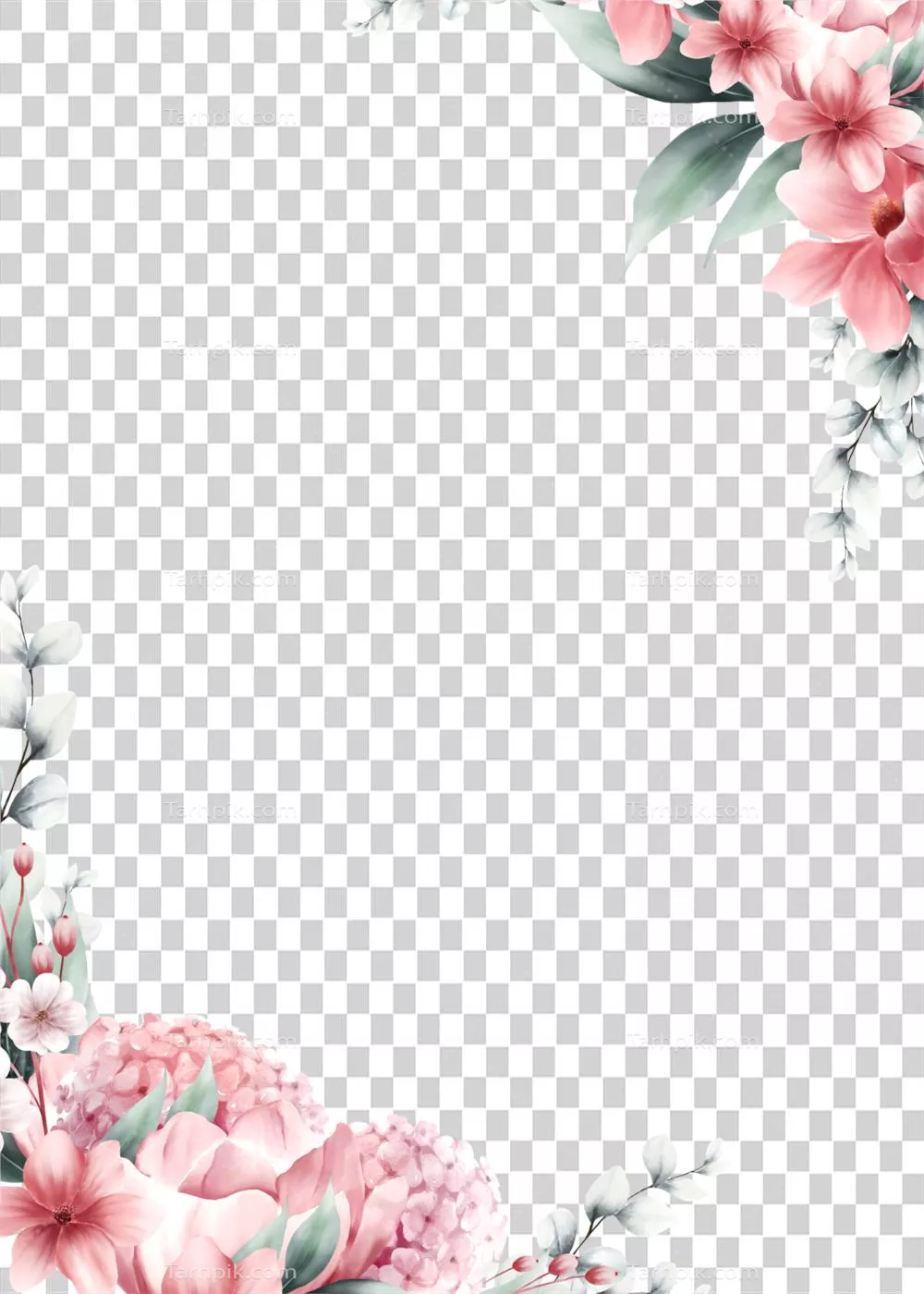 عکس دوربری قاب گل صورتی با طراحی آبرنگی برای تزئینات هنری و دیجیتال
