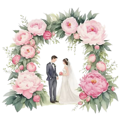 عکس دوربری زوج عروسی در زیر قوس رمانتیک با گل های زیبا و دلنشین