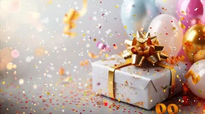 عکس جعبه هدیه نقره ای با روبان طلایی در پس زمینه ای شاداب و رنگارنگ